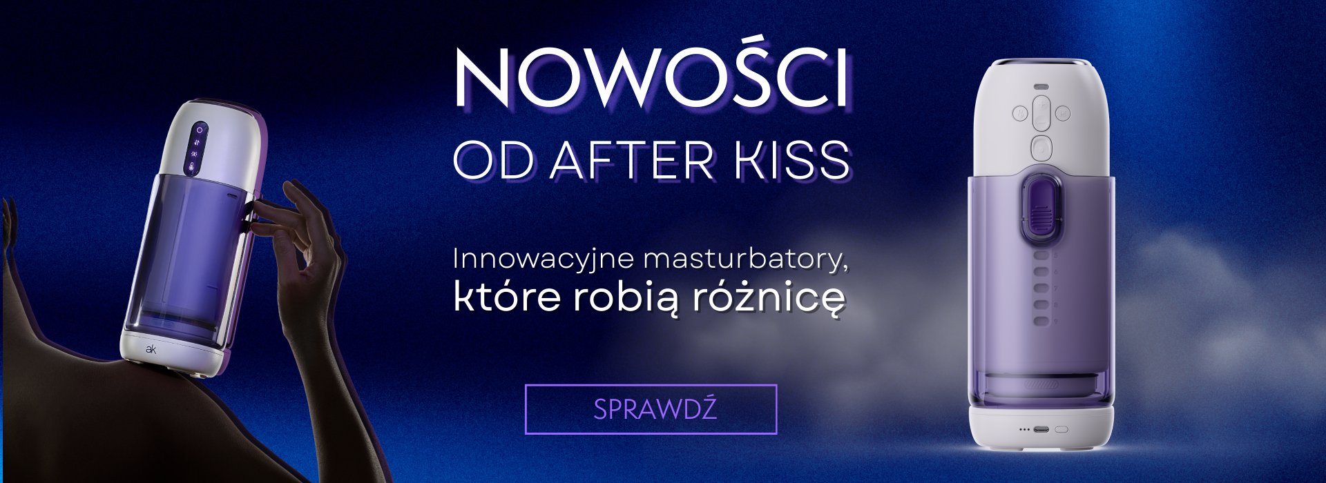 Fioletowe innowacyjne masturbatory na ciemnoniebieskim tle z napisem nowości