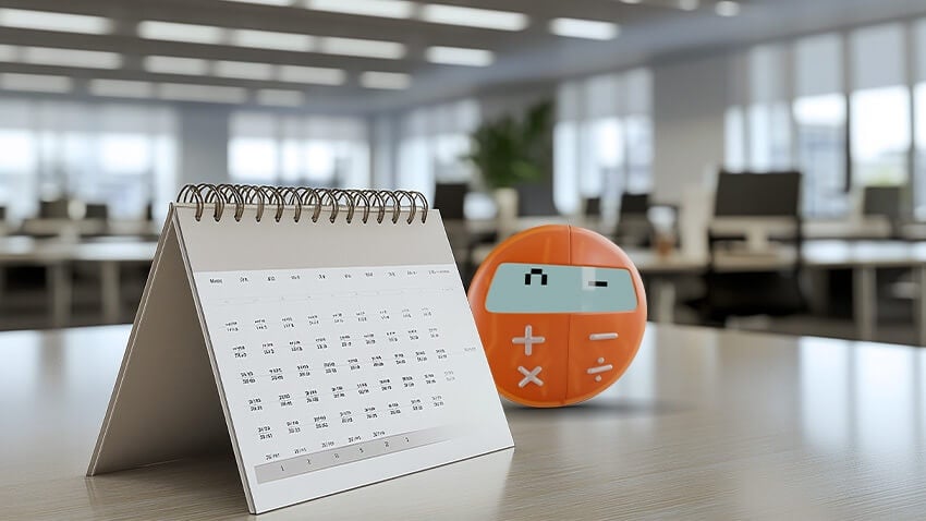Calendario da scrivania bianco con calcolatrice arancione su tavolo di ufficio moderno