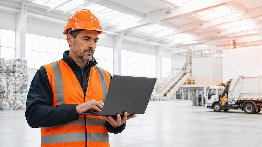 Operaio in cantiere con giubbotto arancione riflettente e casco consulta laptop